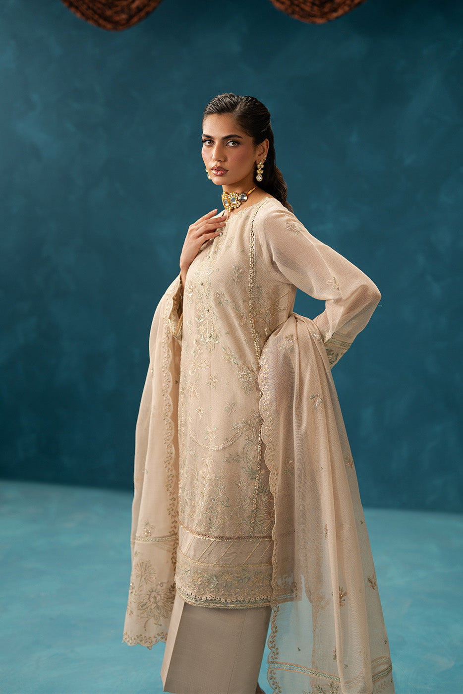 4 PIECE EMBROIDERED COTTON NET SUIT-FEATHER BEIGE (UNSTITCHED)