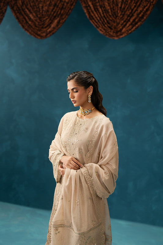 4 PIECE EMBROIDERED COTTON NET SUIT-FEATHER BEIGE (UNSTITCHED)