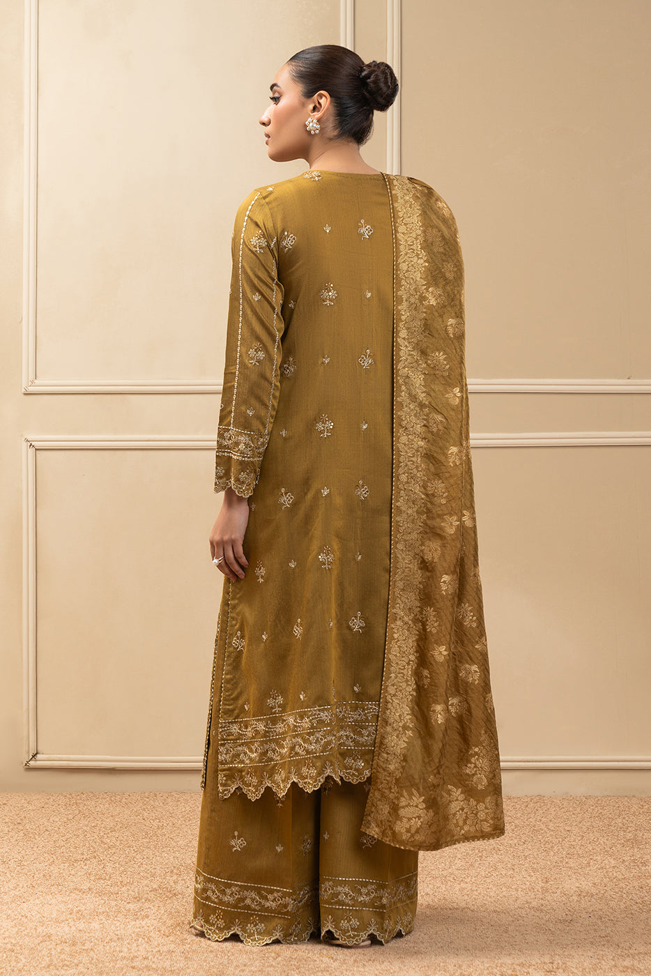 3 PIECE EMBROIDERED COTTON RAW SILK SUIT-MUSTARD MEADOW (UNSTITCHED)