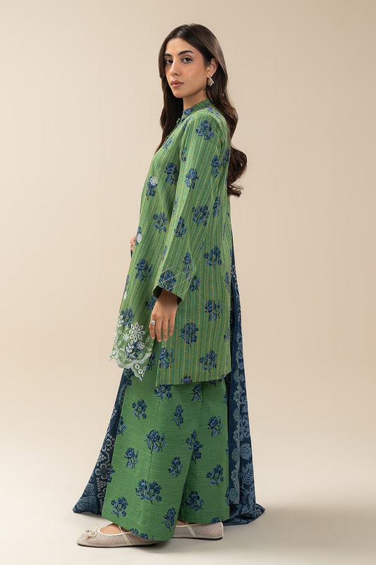 3 PIECE EMBROIDERED SLUB KHADDAR SUIT-MIDNIGHT GREEN (UNSTITCHED)