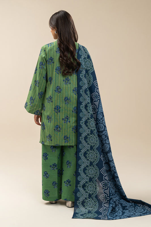 3 PIECE EMBROIDERED SLUB KHADDAR SUIT-MIDNIGHT GREEN (UNSTITCHED)