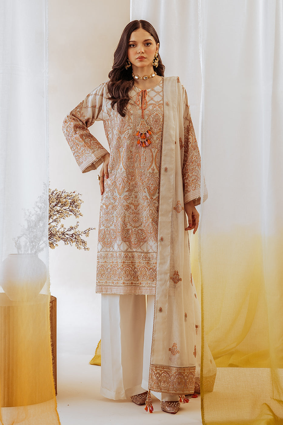 4 PIECE EMBROIDERED COTTON NET SUIT-OYSTER BLOOM (UNSTITCHED)