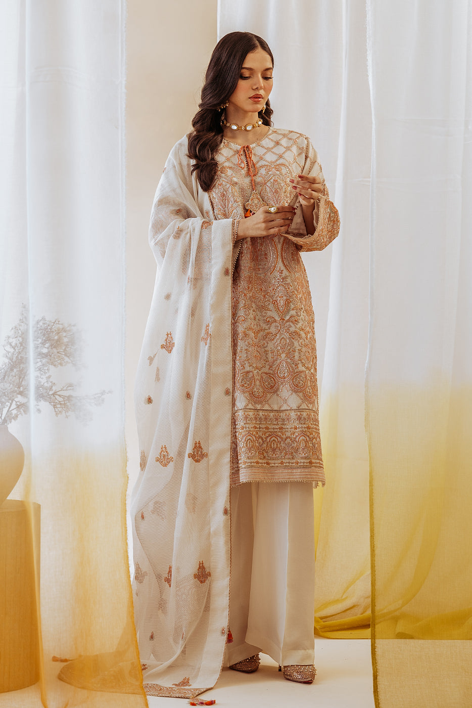 4 PIECE EMBROIDERED COTTON NET SUIT-OYSTER BLOOM (UNSTITCHED)