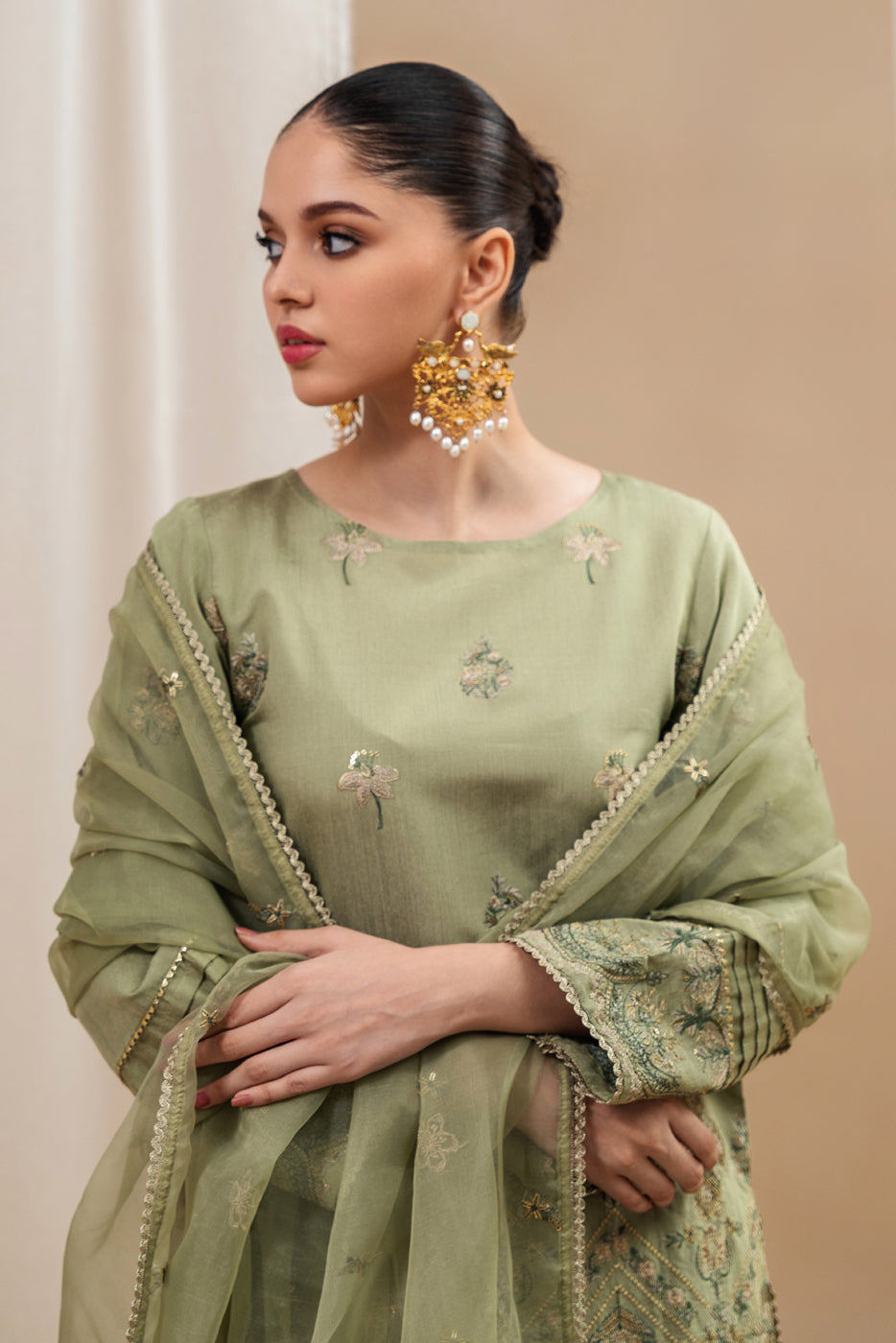 Arctic Sage: Stylish 3-piece embroidered two-tone suit.
