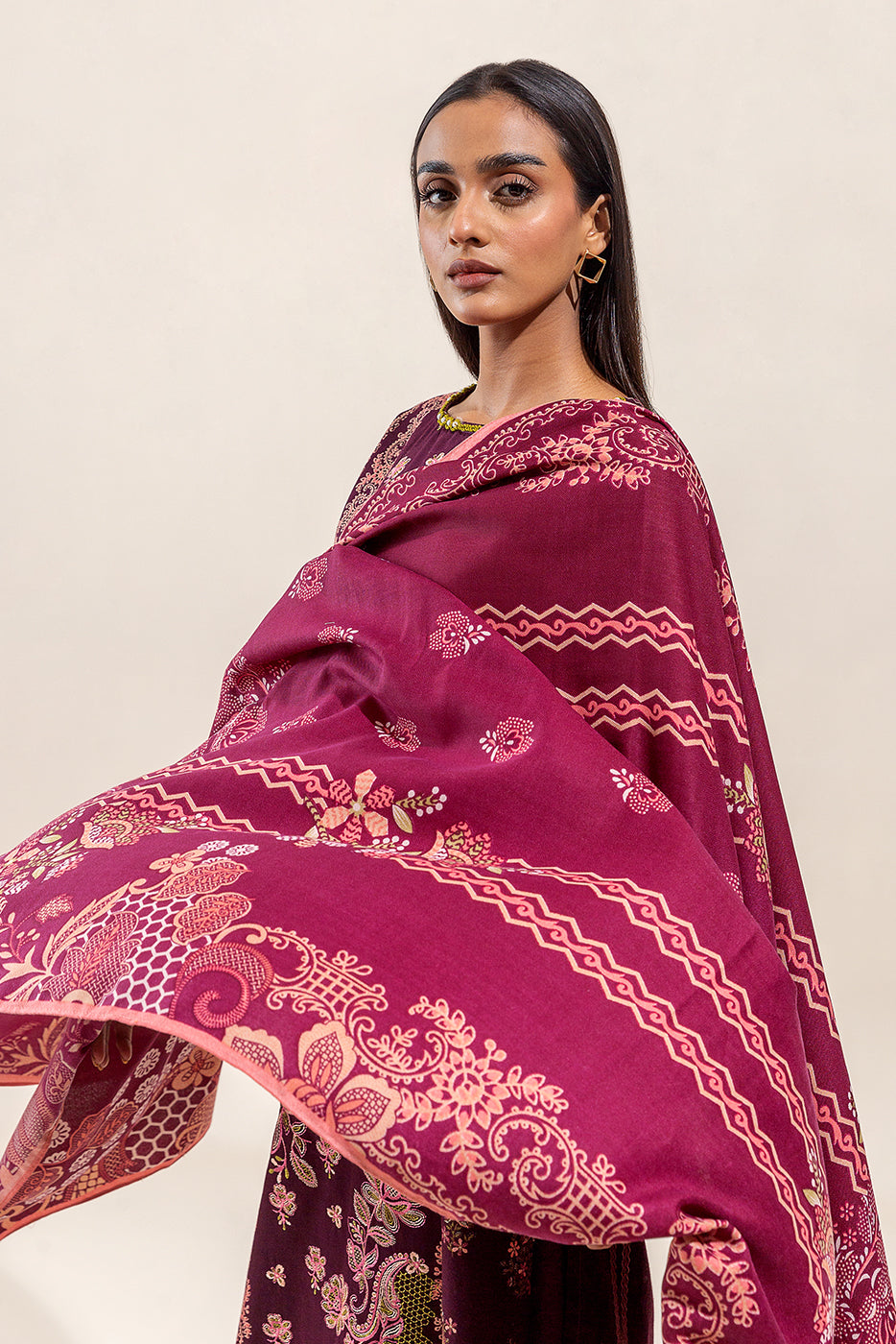 3 PIECE - EMBROIDERED KHADDAR SUIT WITH SHAWL - MULBERRY BLOOM (UNSTITCHED)