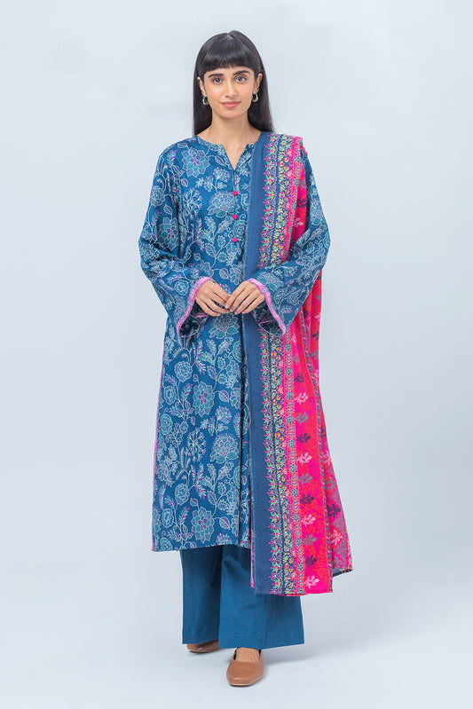 3 PIECE - PRINTED COTTON SATIN SUIT WITH PRINTED SHAWL - TEAL WATERS (UNSTITCHED)