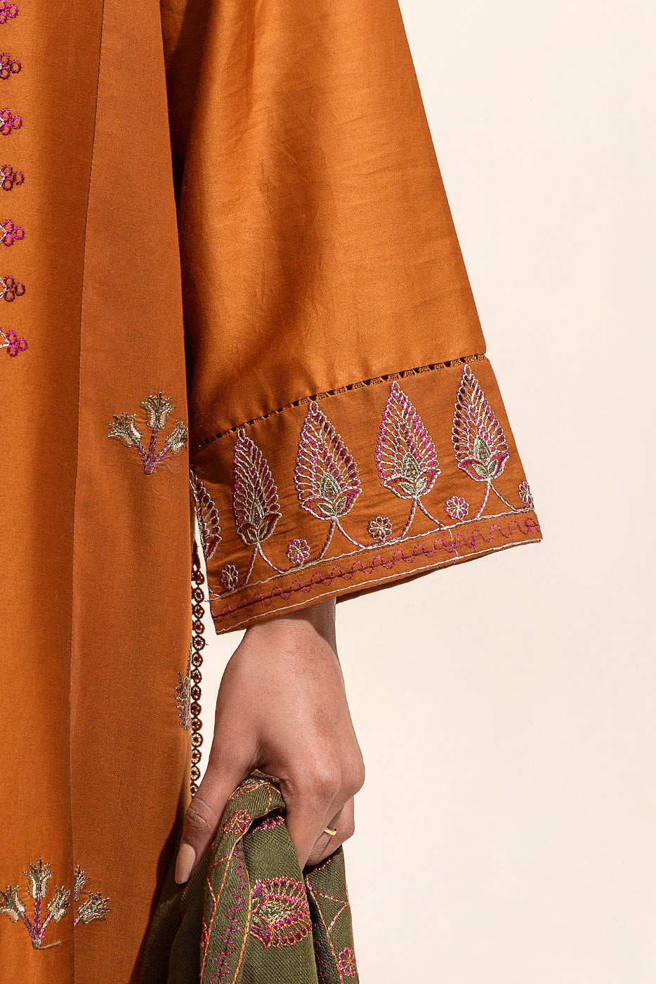 3 PIECE - EMBROIDERED COTTON SATIN SUIT WITH EMBROIDERED SHAWL - BASIL DUST (UNSTITCHED)