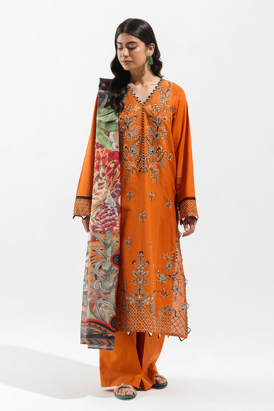 3 PIECE - EMBROIDERED LAWN SUIT - TROPICAL RUST (UNSTITCHED)