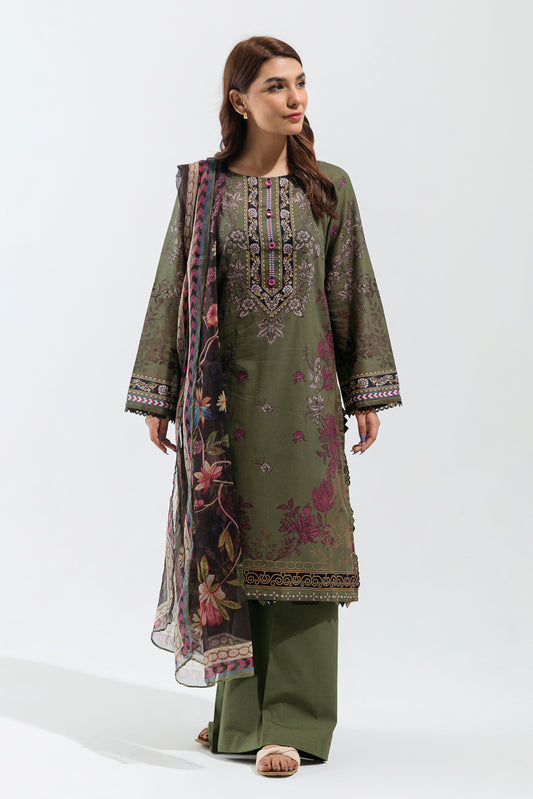 3 PIECE - PRINTED  LAWN SUIT - GLOOMY SAGE (UNSTITCHED)