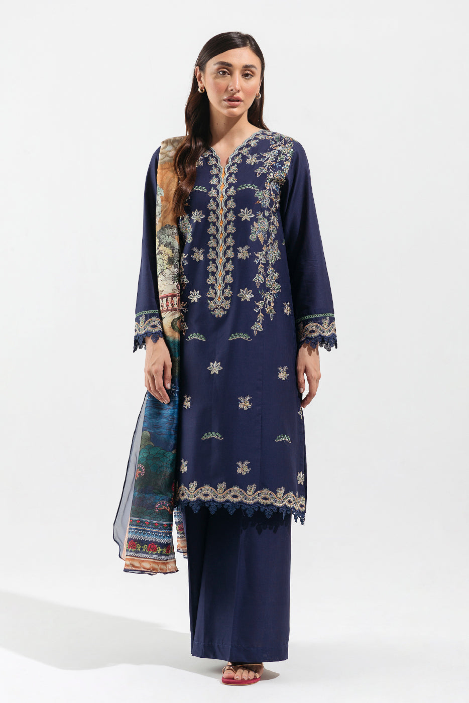 3 PIECE - EMBROIDERED LAWN SUIT - TROPICAL AZURE