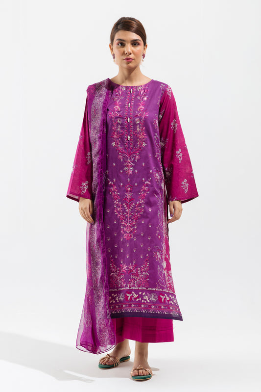 3 PIECE - EMBROIDERED LAWN SUIT - HEATHER ROUGE (UNSTITCHED)