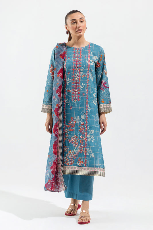 3 PIECE - EMBROIDERED LAWN SUIT - CERULEAN VERVE (UNSTITCHED)