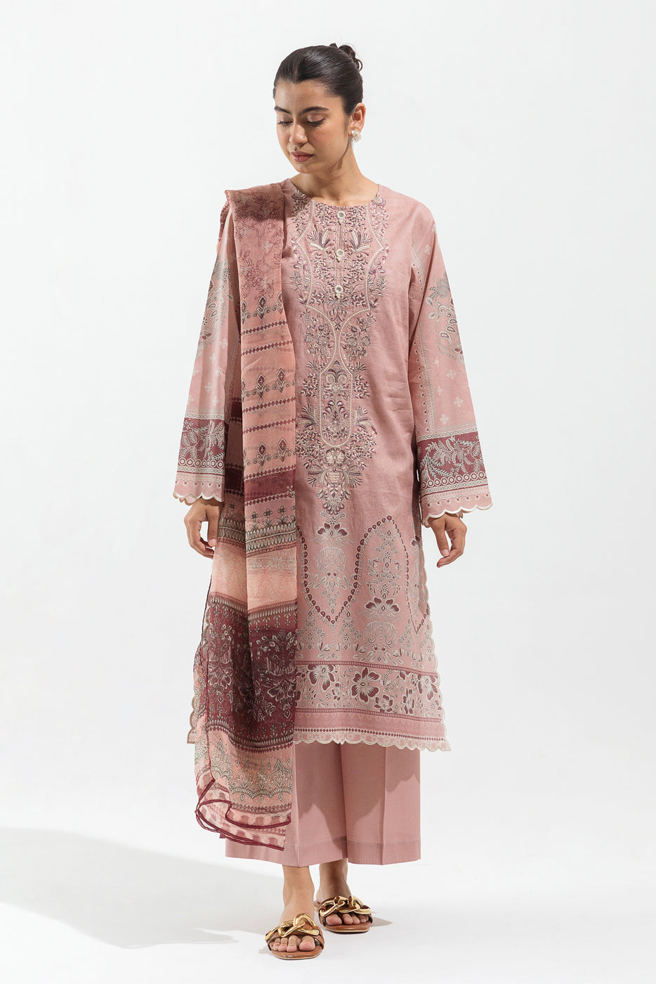 2 PIECE - EMBROIDERED LAWN SUIT - CEDAR BEIGE