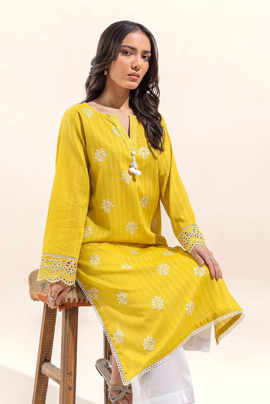 1 PIECE EMBROIDERED LENO KARRA SHIRT-MISTED YELLOW (UNSTITCHED)
