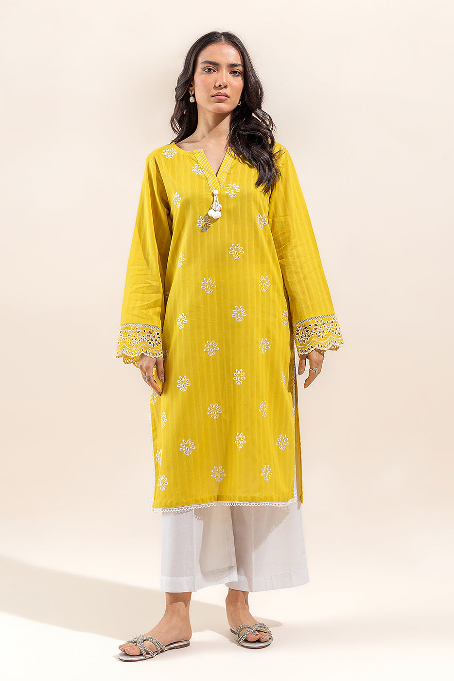 1 PIECE EMBROIDERED LENO KARRA SHIRT-MISTED YELLOW (UNSTITCHED)