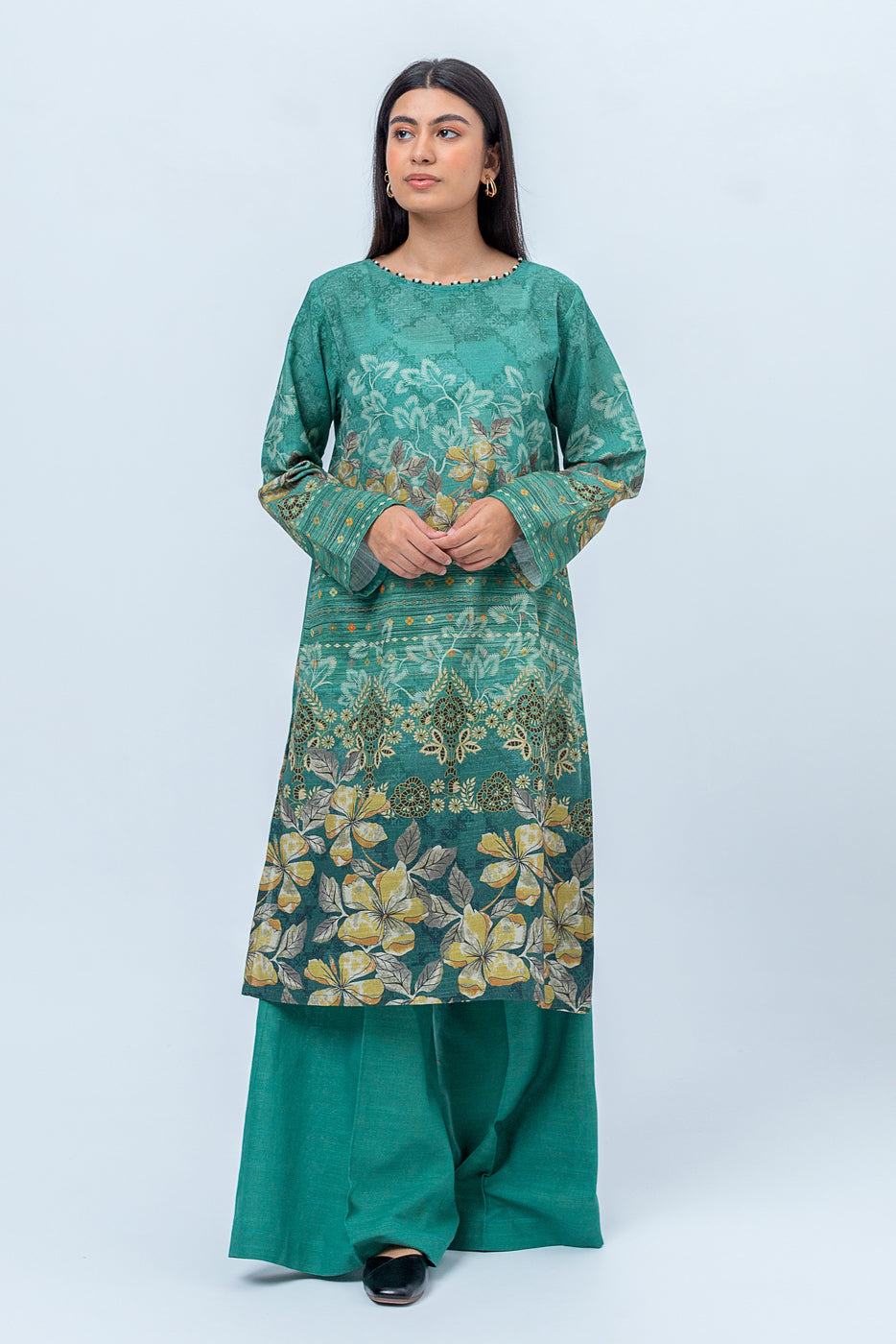 1 PIECE - PRINTED KHADDAR SHIRT - TOPAZ GREEN (UNSTITCHED)