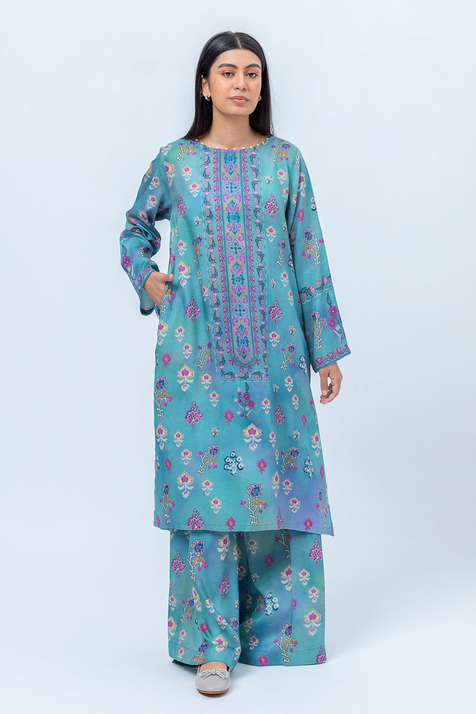 2 PIECE - PRINTED LINEN SUIT - DUSTY TURQUOISE (UNSTITCHED) - BEECHTREE