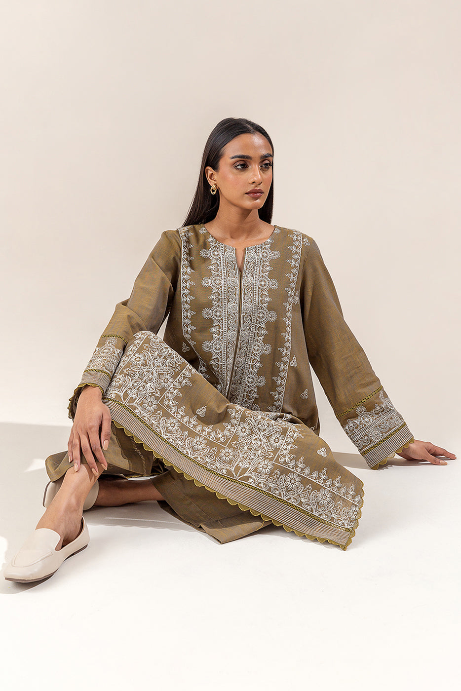 Olive Adorned Embroidered Shaded Khaddar Suit - Two-Piece Ensemble