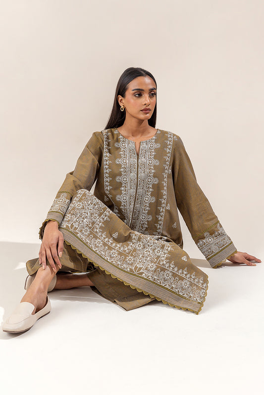 Olive Adorned Embroidered Shaded Khaddar Suit - Two-Piece Ensemble"