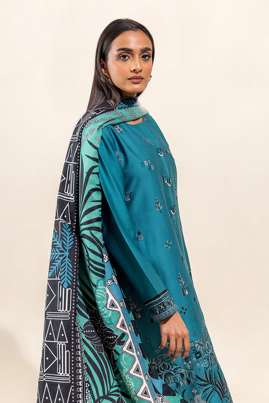 3 PIECE - EMBROIDERED COTTON SATIN SUIT WITH HERRINGBONE SHAWL - CARIBBEAN BOLD (UNSTITCHED)