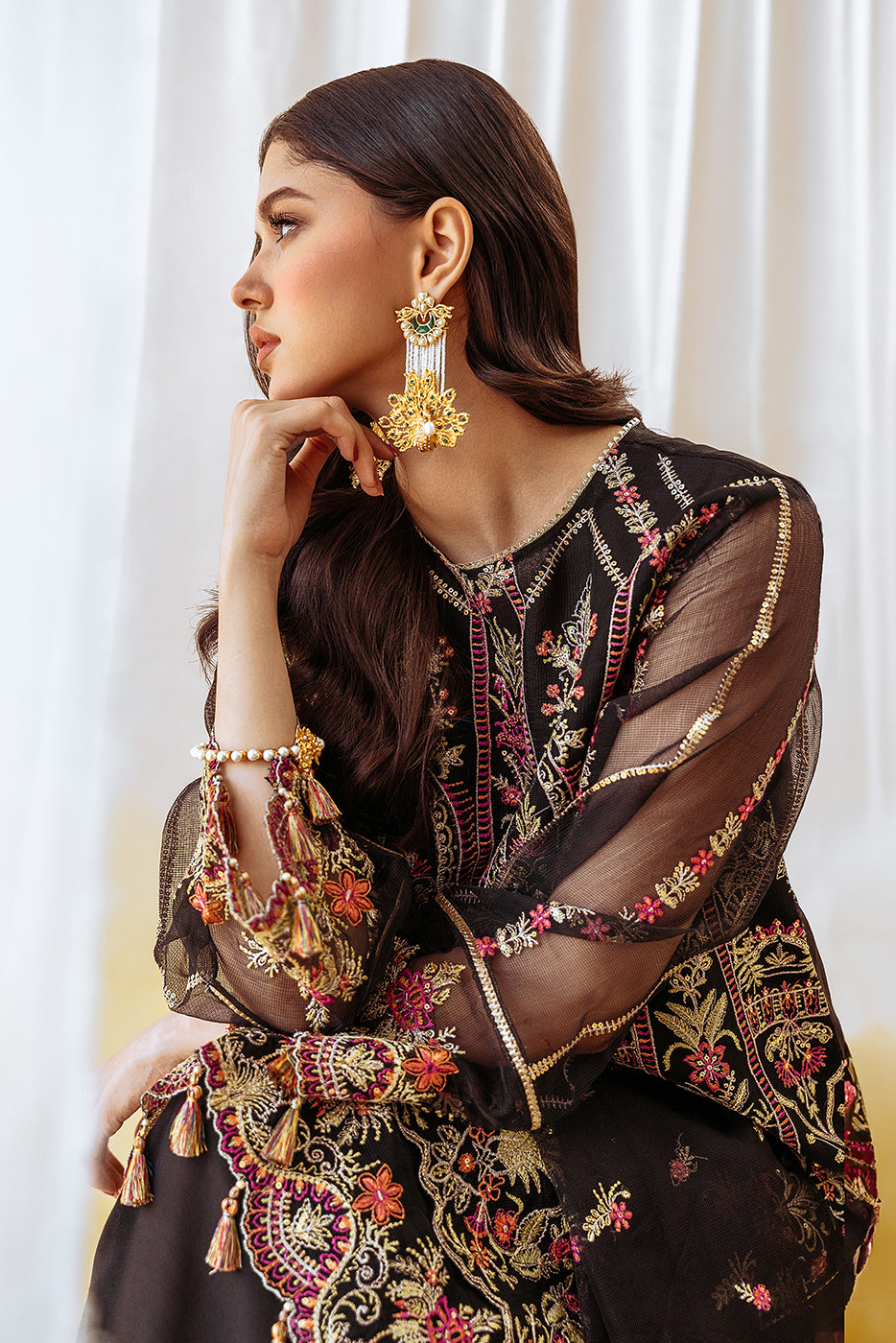 Noir Elegance: Luxurious 4-piece embroidered organza net suit for formal dresses.
