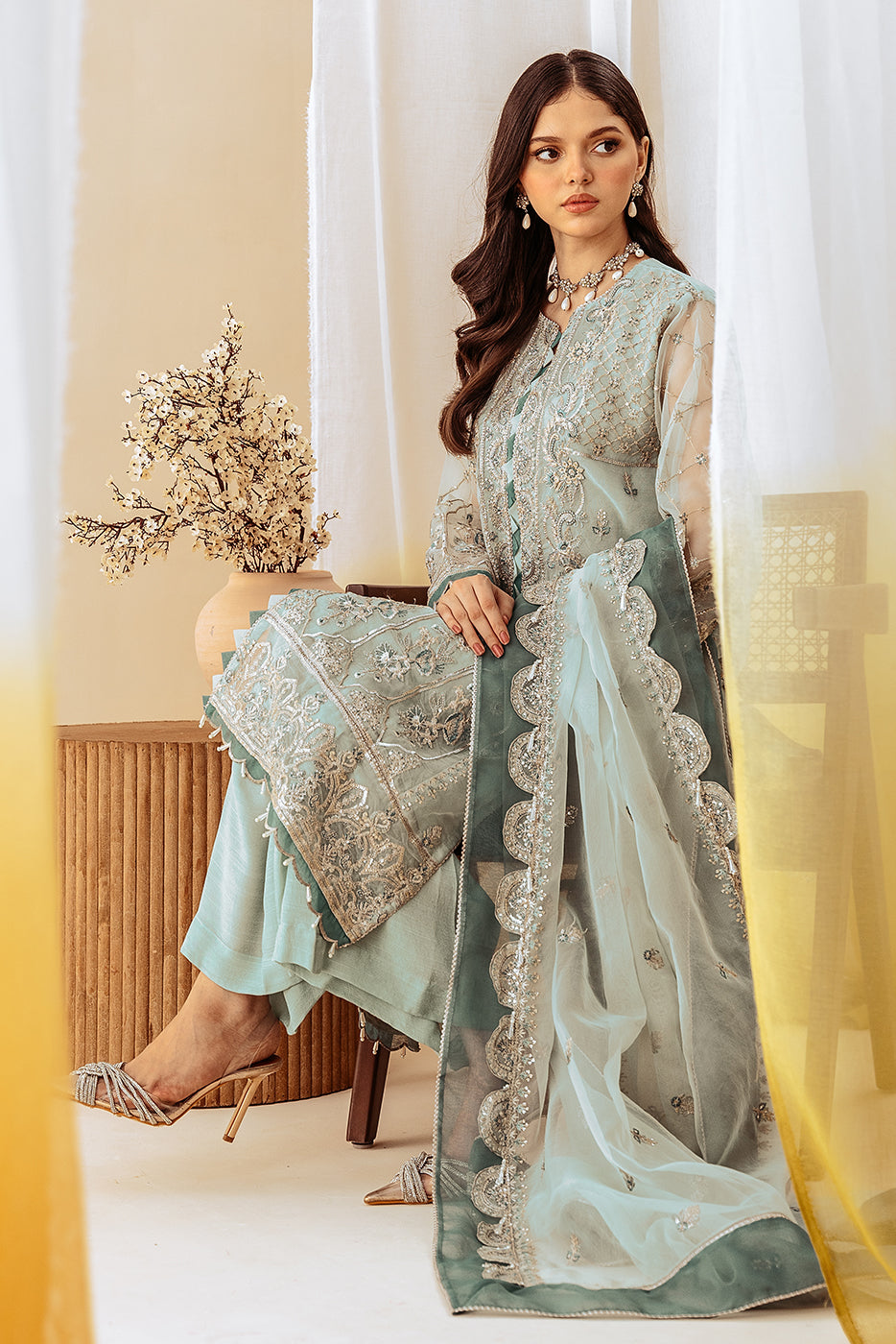 Mint Spring: Elegant 4-piece embroidered organza suit for formal events