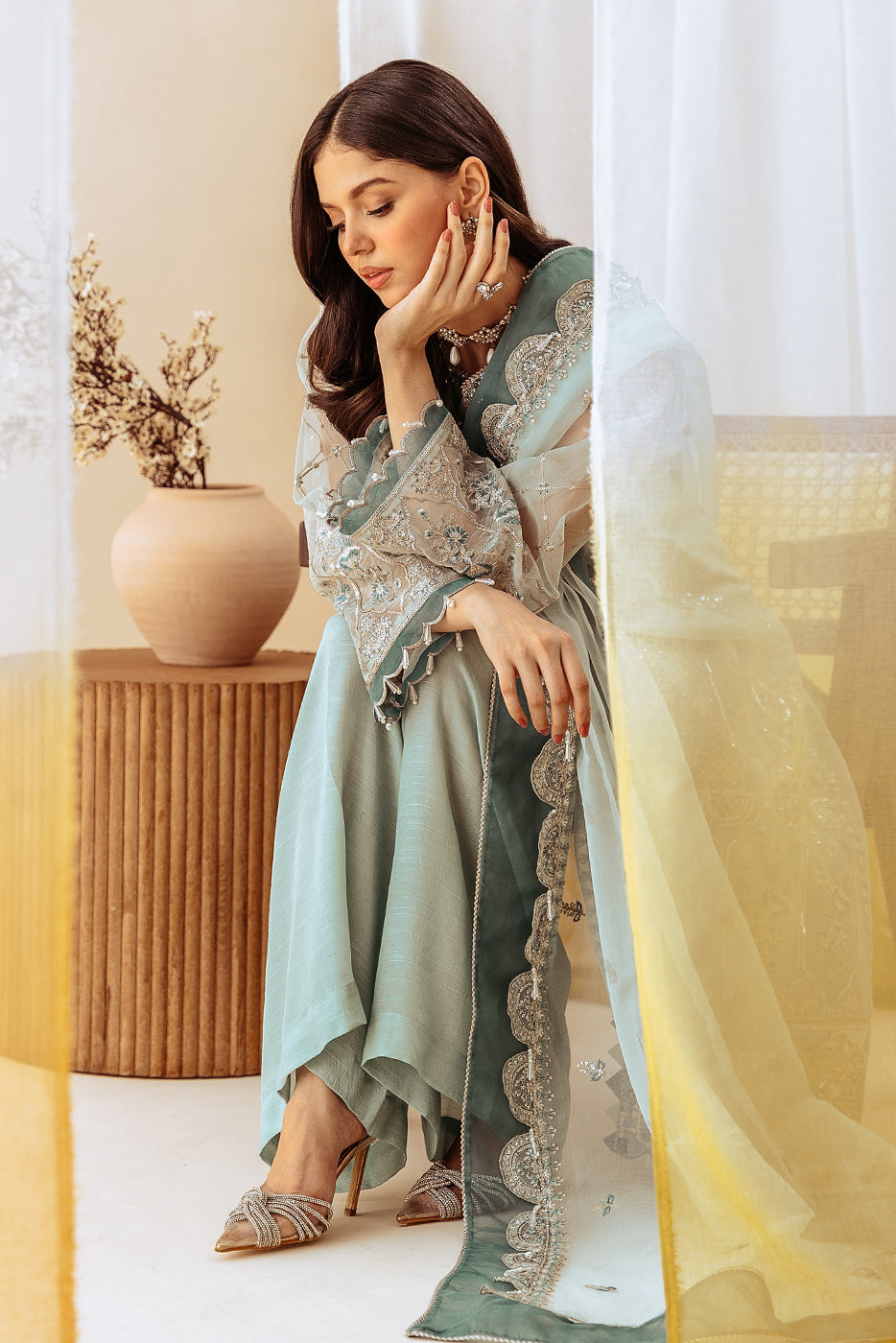 4 PIECE EMBROIDERED ORGANZA SUIT-MINT SPRING (UNSTITCHED)