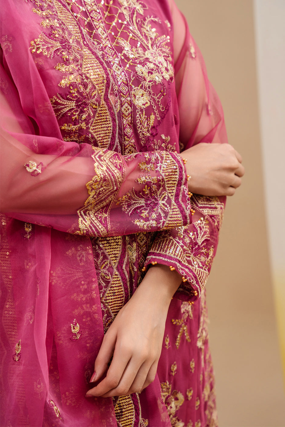 4 PIECE EMBROIDERED ORGANZA NET SUIT-FUCHSIA FANTASY (UNSTITCHED)