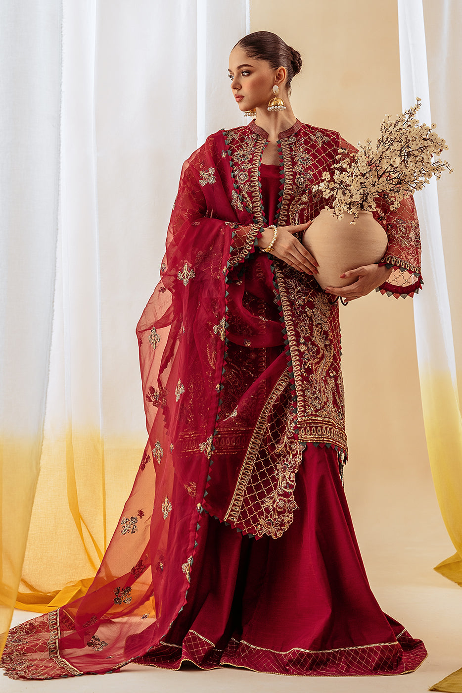 4 PIECE EMBROIDERED ORGANZA SUIT-EXQUISITE RUBY (UNSTITCHED)