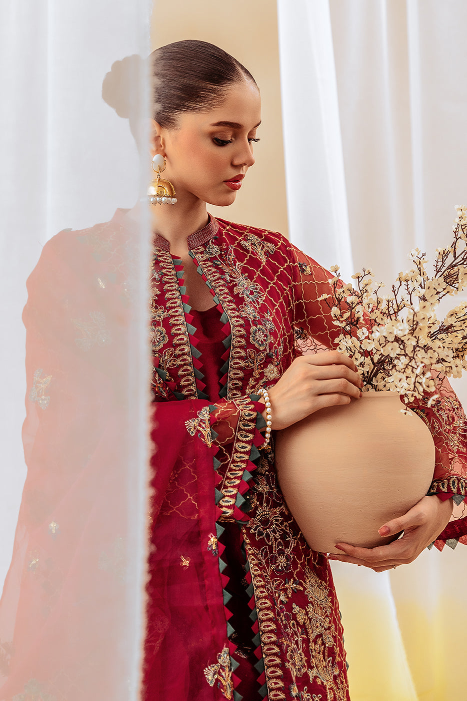 4 PIECE EMBROIDERED ORGANZA SUIT-EXQUISITE RUBY (UNSTITCHED)