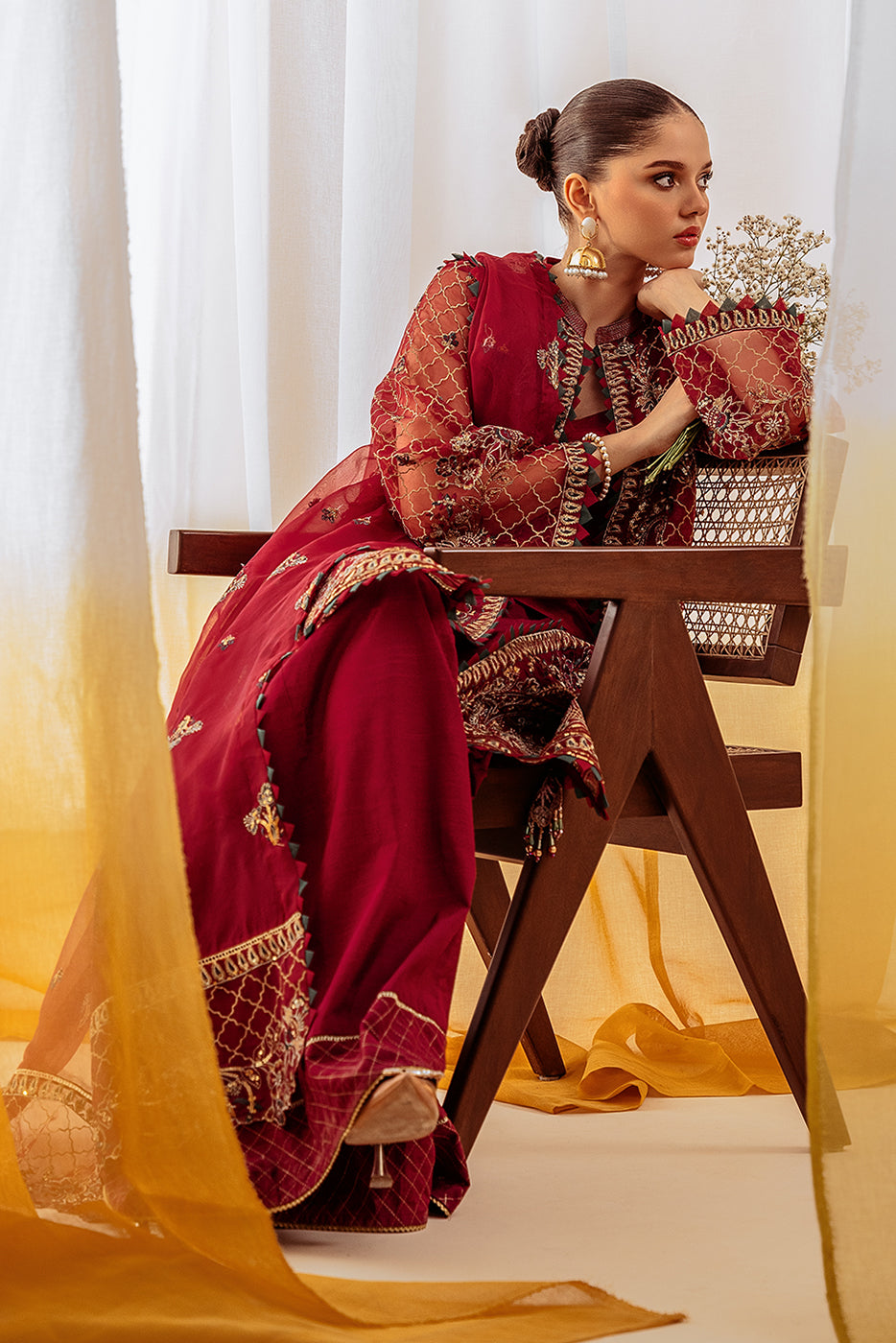 Exquisite Ruby: Elegant 4-piece embroidered organza suit