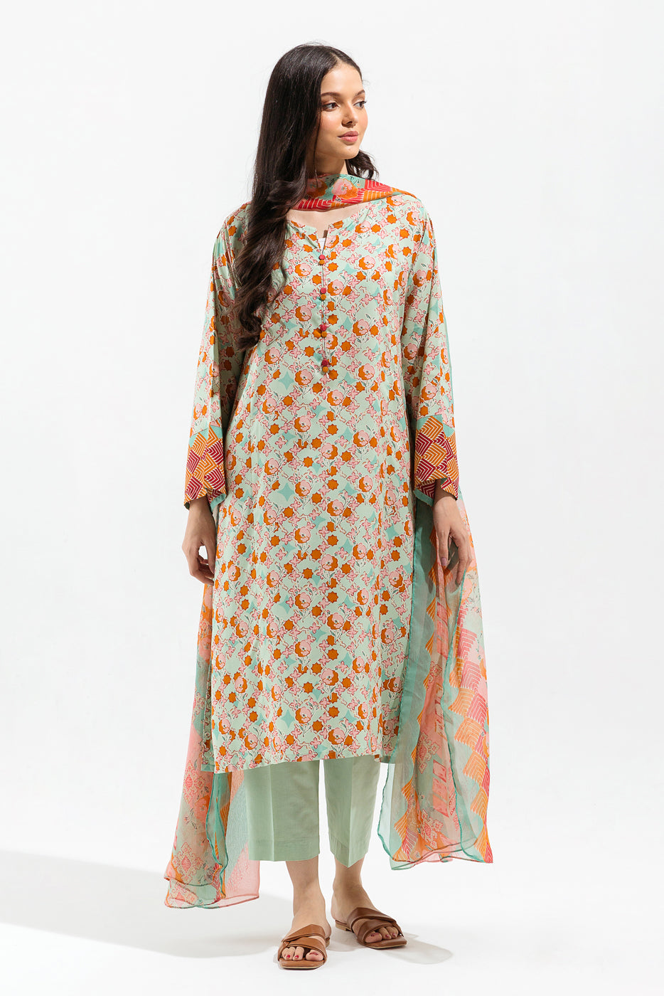 3 PIECE - PRINTED VISCOSE SUIT - MINT IVY (UNSTITCHED)