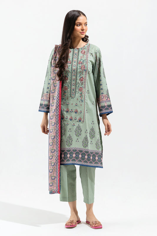 3 PIECE - EMBROIDERED LAWN SUIT - OYSTER SAGE (UNSTITCHED)