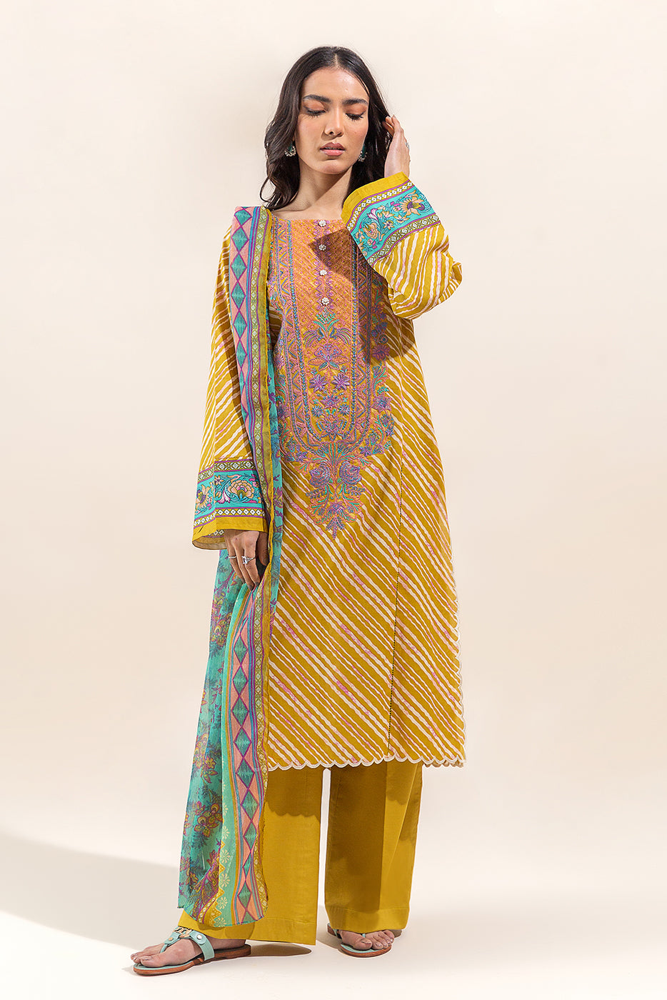 3 PIECE - EMBROIDERED LAWN SUIT - VIVID MUSTARD (UNSTITCHED)