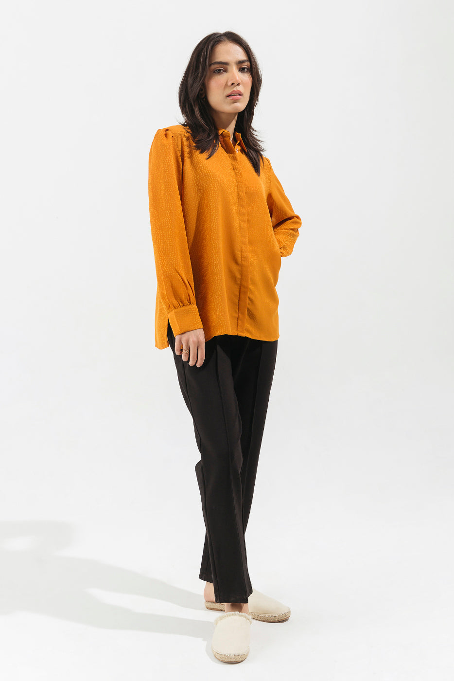 MUSTARD SATIN BUTTON DOWN TOP