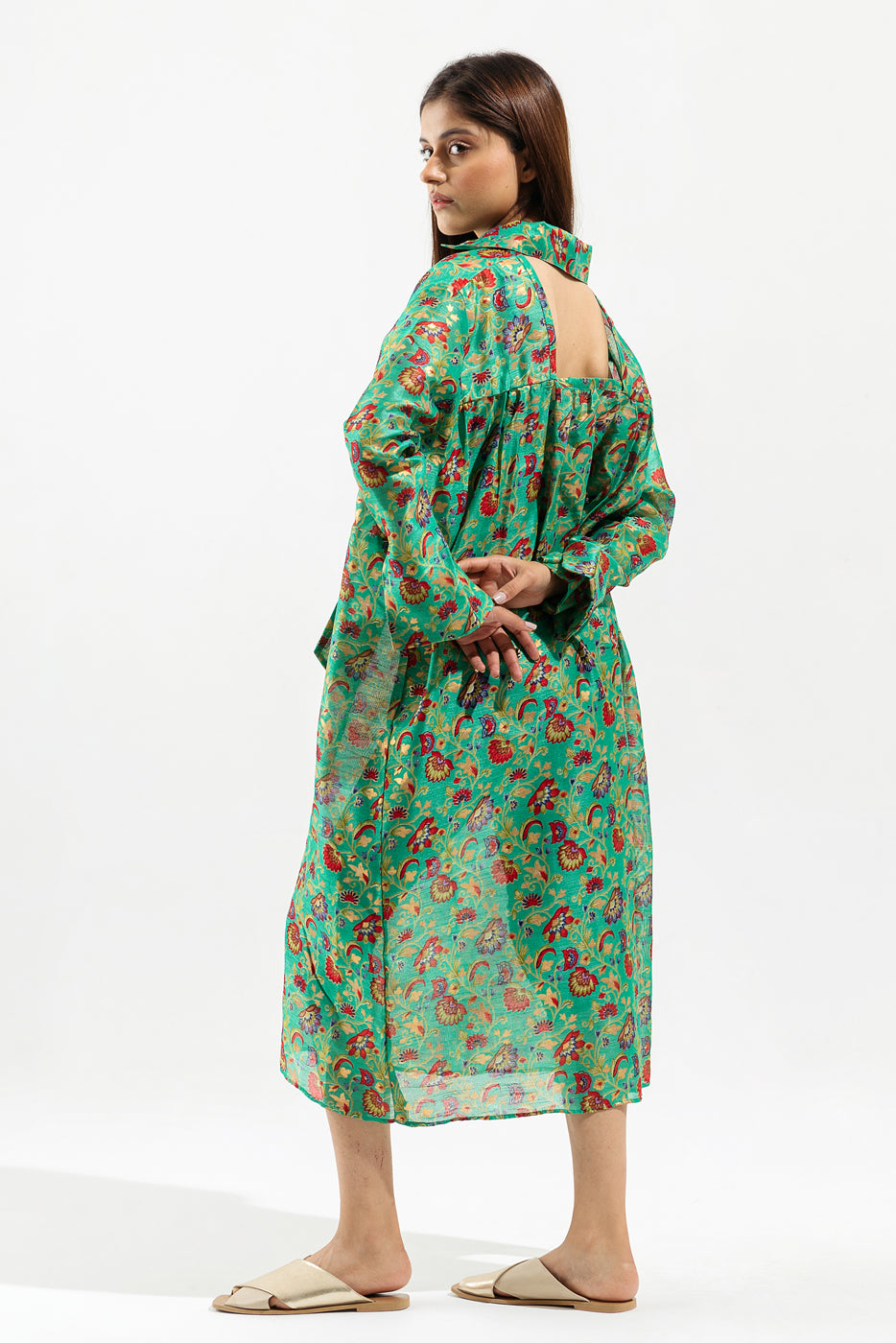 GREEN PRINTED KNOTTED LONG DRESS