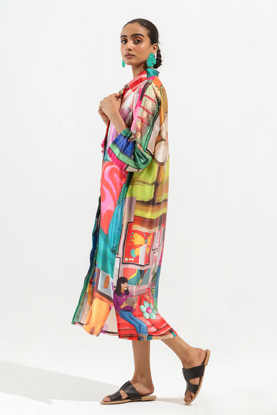 PRINTED SILK BUTTON DOWN LONG DRESS