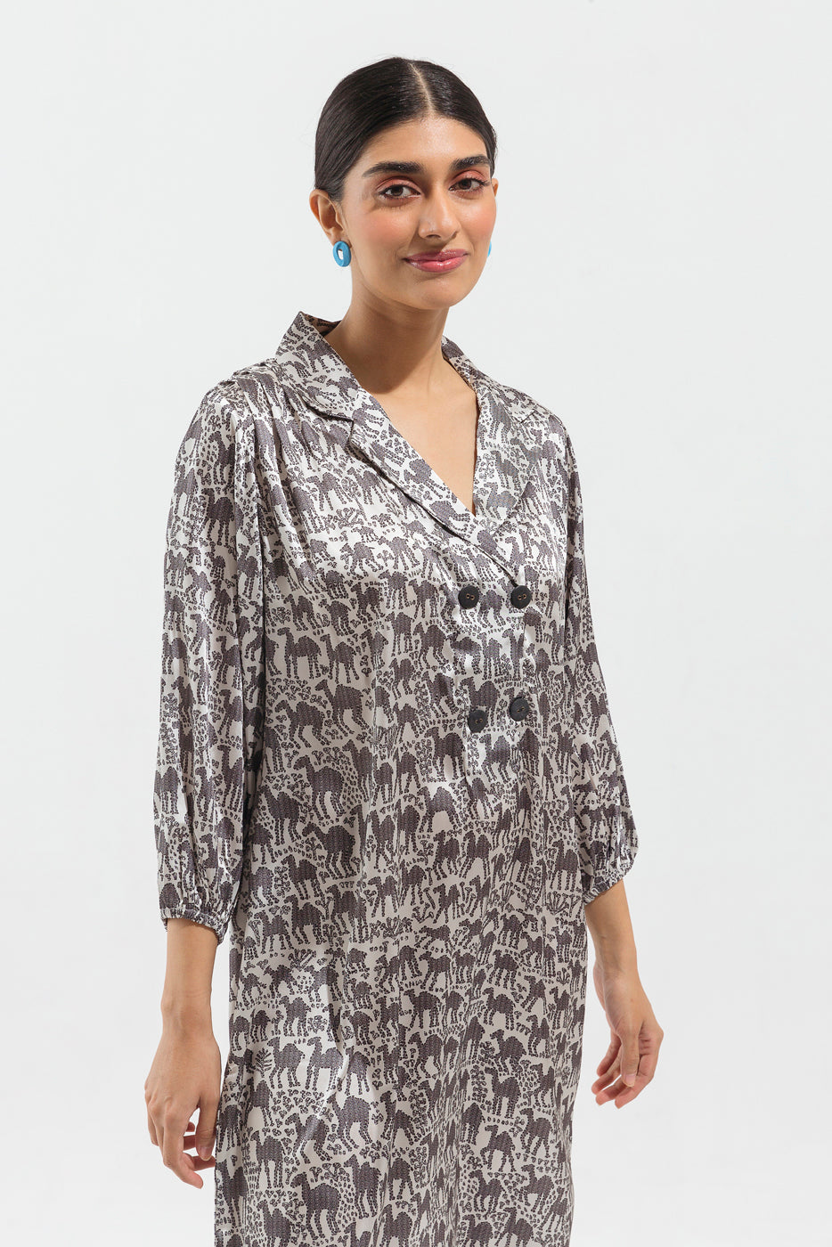 BLACK AND WHITE PRINTED SILK LONG TUNIC