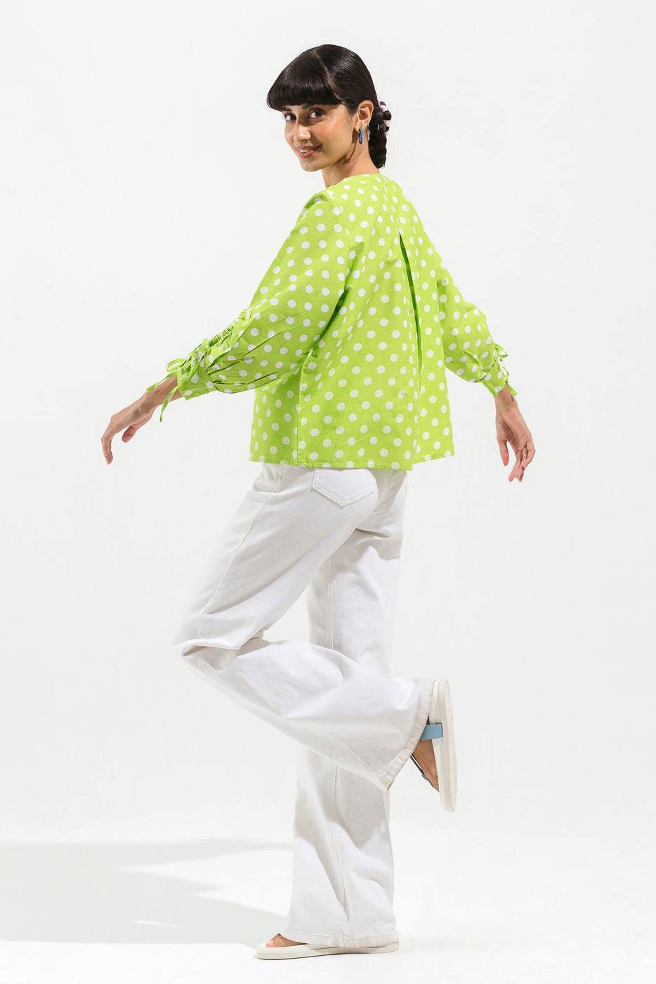 LEAF GREEN POLKA DOT BUTTON-THROUGH SHIRT