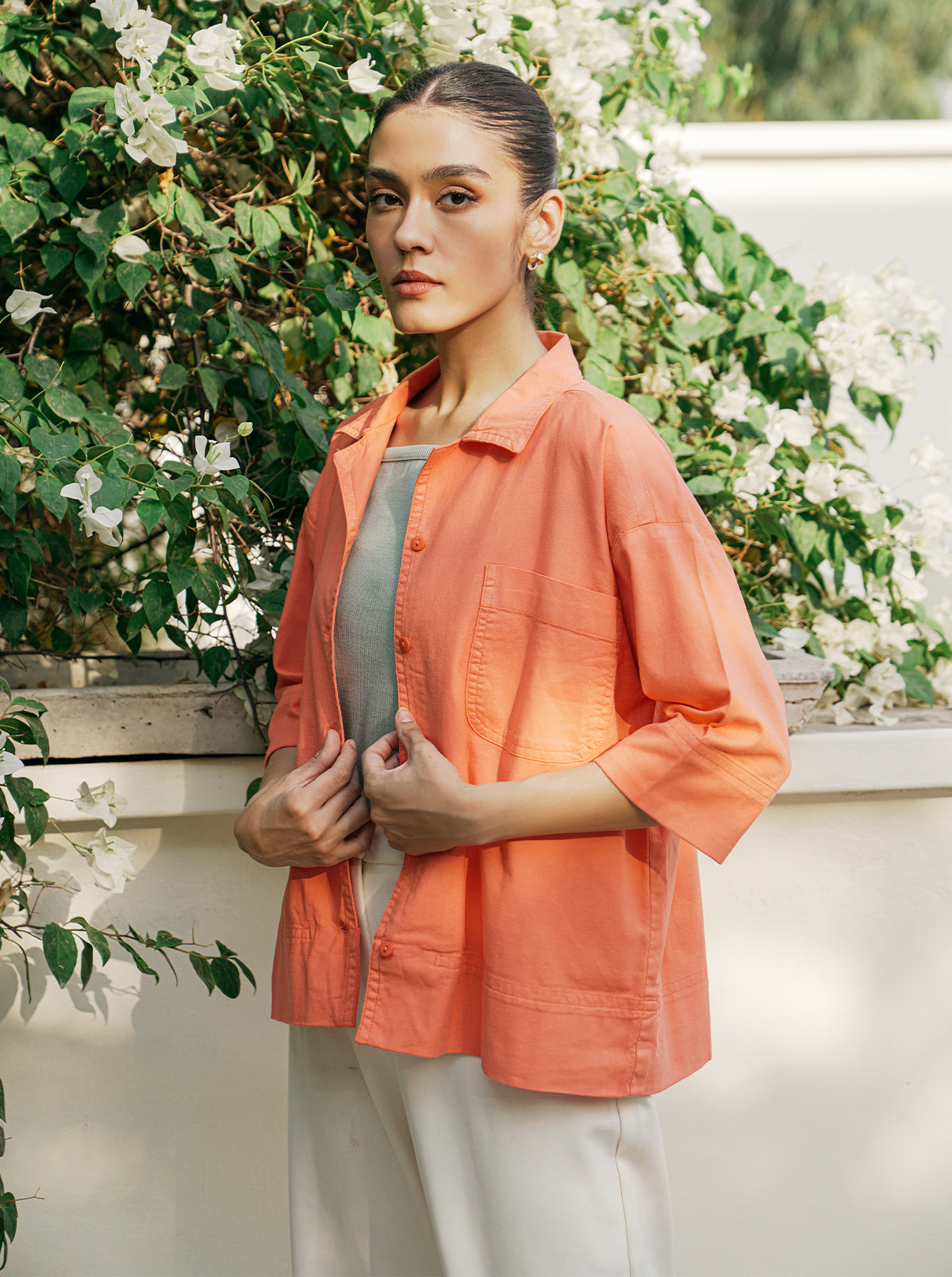 ORANGE DENIM BUTTON DOWN SHIRT