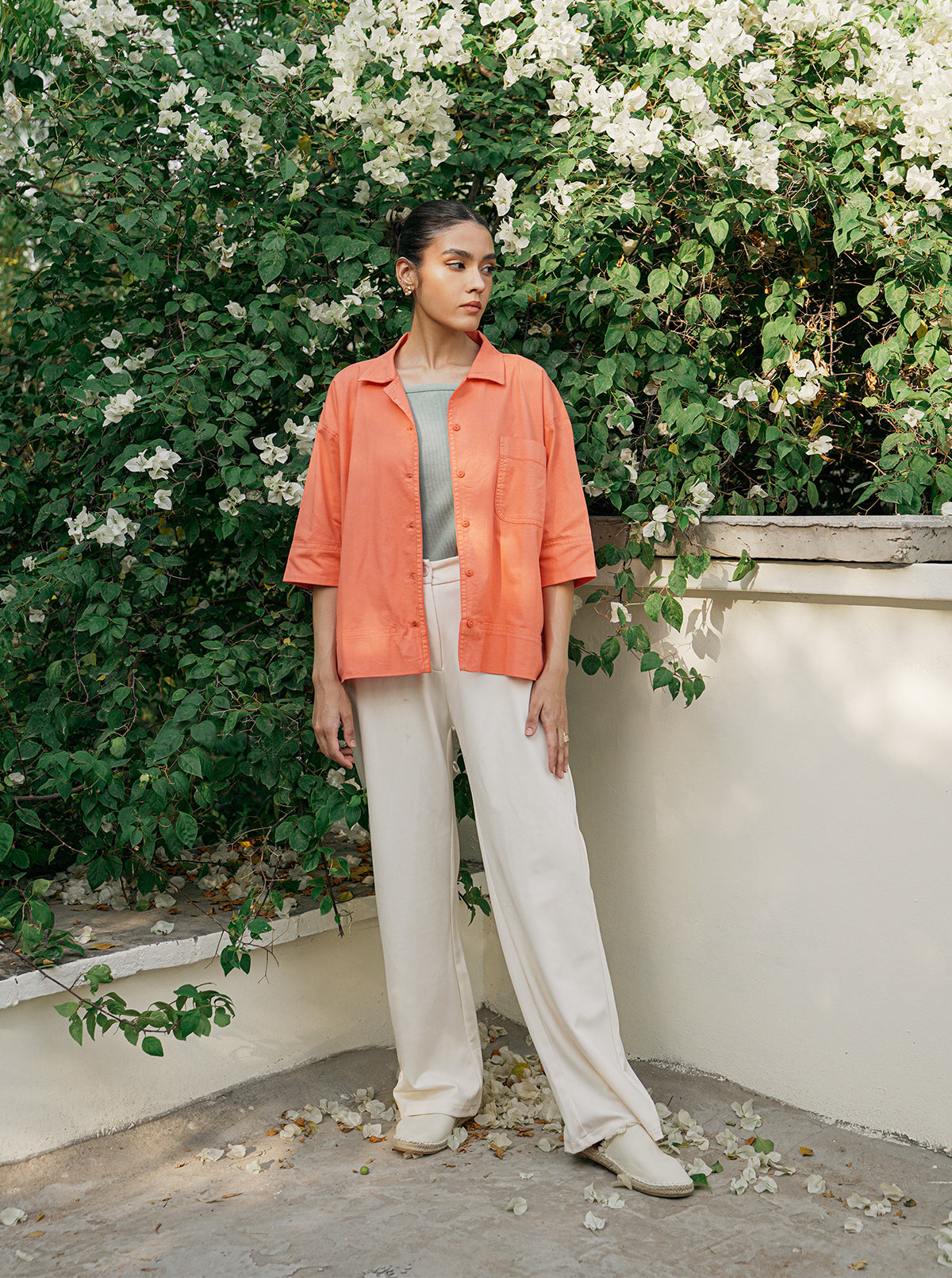 ORANGE DENIM BUTTON DOWN SHIRT