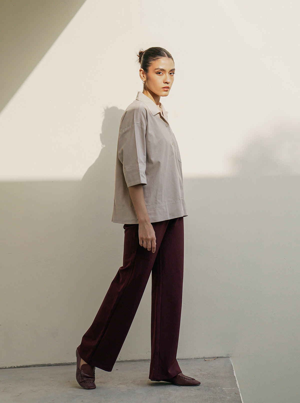 BEIGE DENIM BUTTON DOWN SHIRT