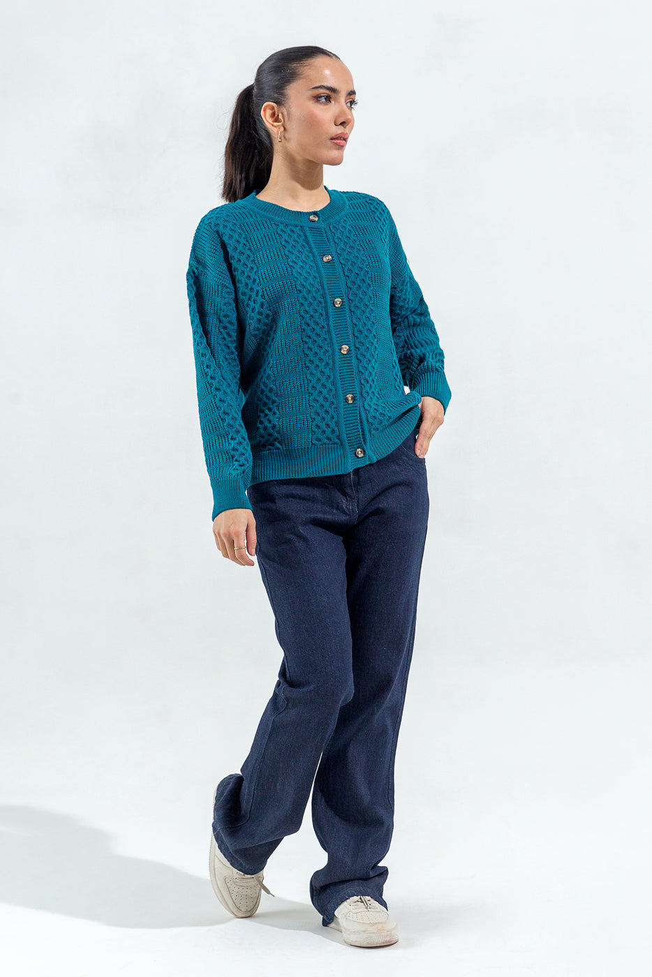 KNITTED CREW NECK CARDIGAN