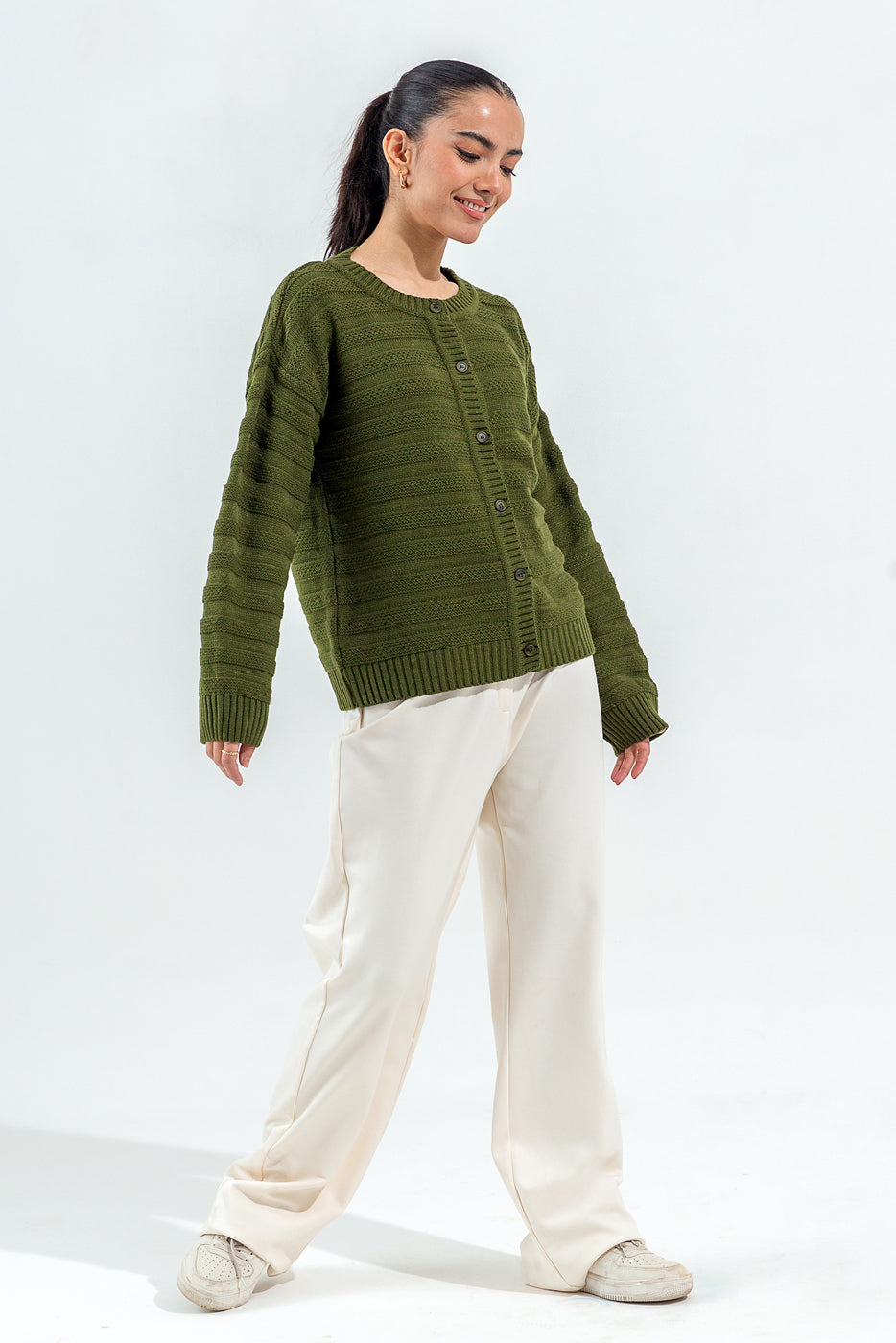KNITTED CREW NECK CARDIGAN