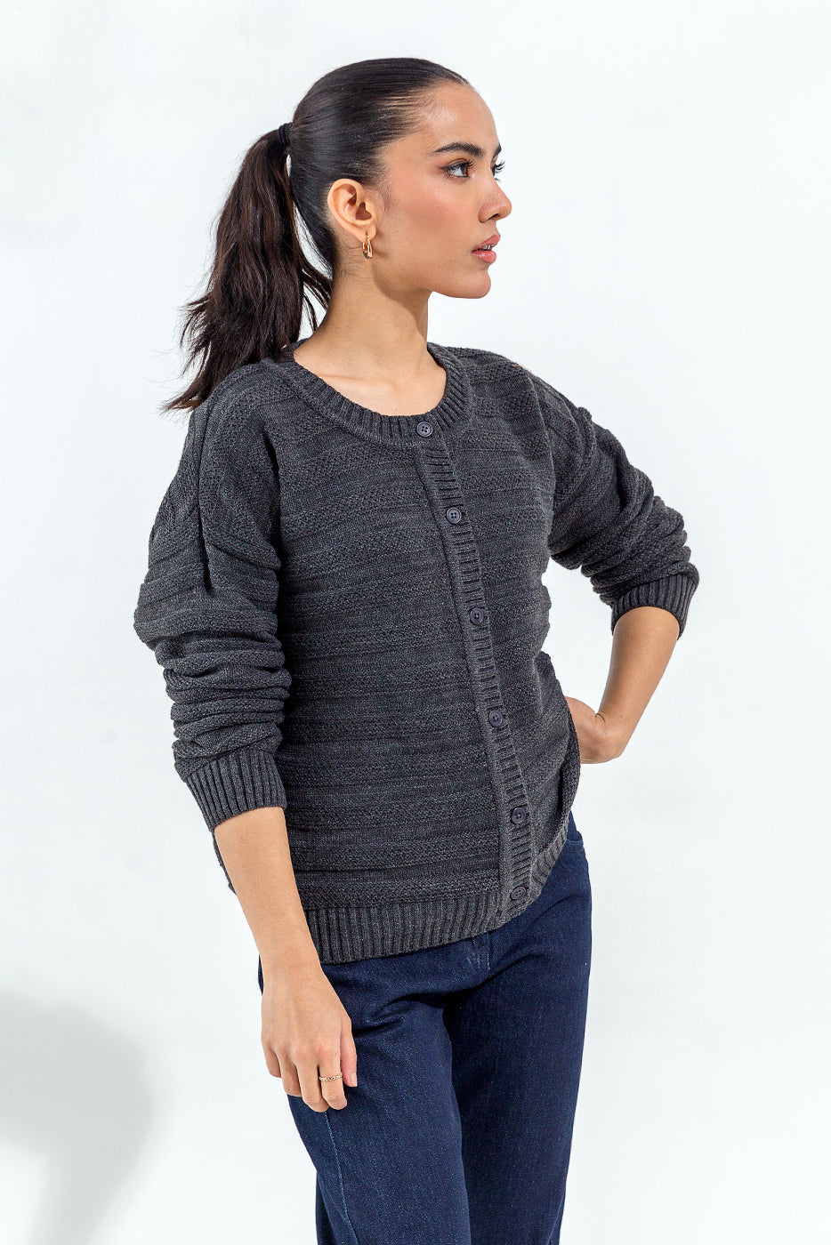 KNITTED CREW NECK CARDIGAN