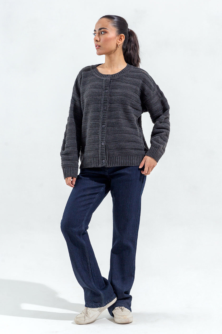 KNITTED CREW NECK CARDIGAN