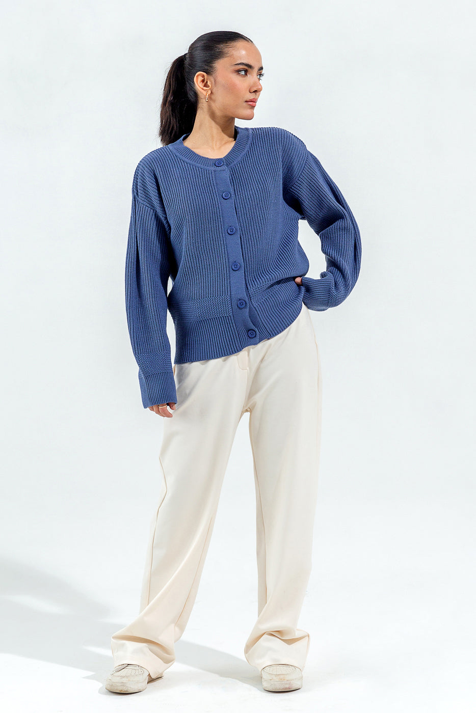 KNITTED CREW NECK CARDIGAN