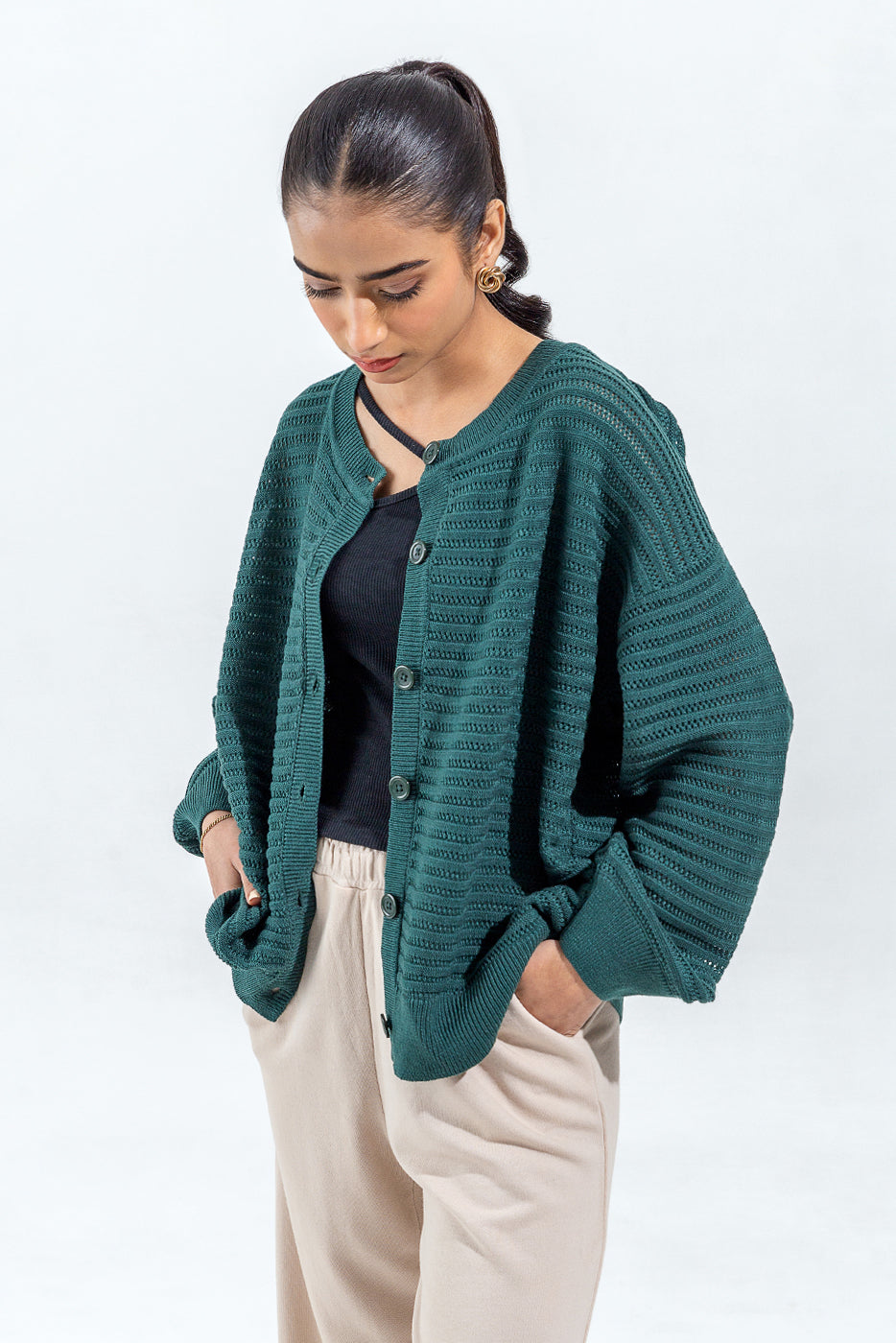KNITTED CREW NECK CARDIGAN