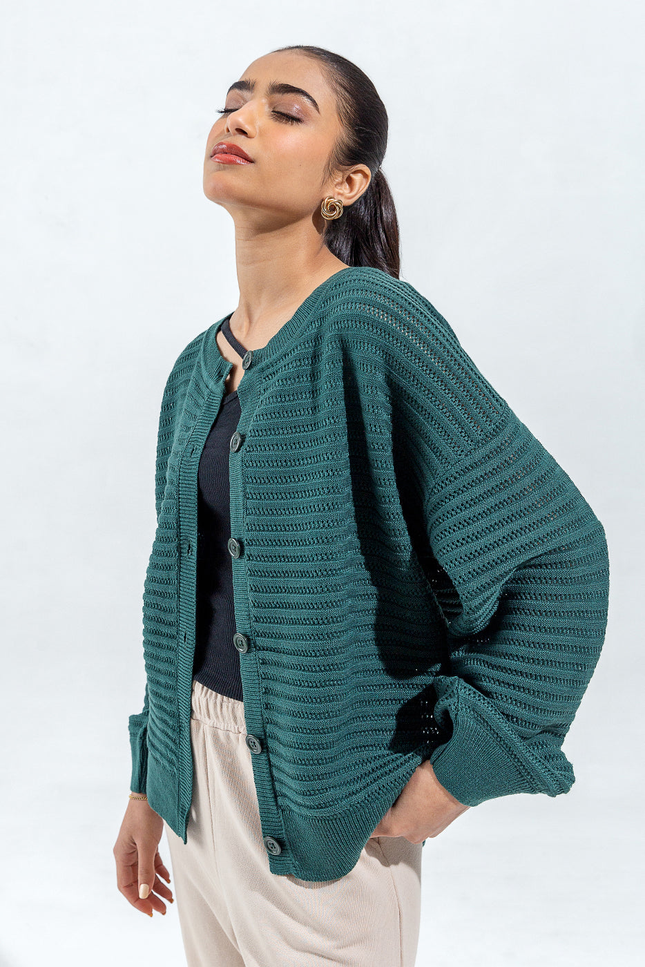 KNITTED CREW NECK CARDIGAN