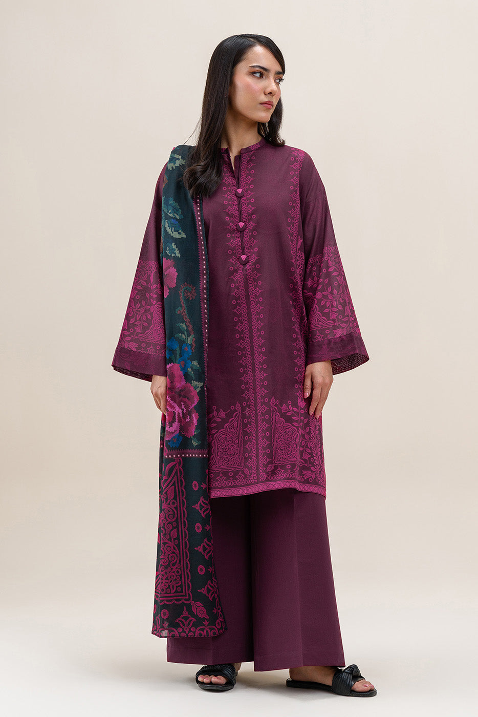 3 PIECE PRINTED LAWN SUIT-MULBERRY BLISS (UNSTITCHED)